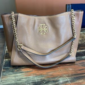 Tory Burch Britten small slouchy tote in tan